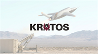 Kratos logo over desert missile launcher and unmanned drone flying above mountain test range.