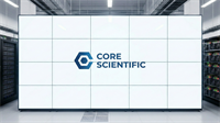 Core Scientific logo displayed on a large wall inside a modern AI data center facility