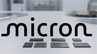 Micron Technology logo displayed above a lineup of semiconductor memory chips on a clean, modern surface, representing the AI-driven memory boom.