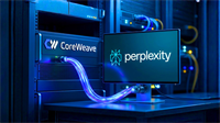 CoreWeave server hardware linked to Perplexity display via data cable.