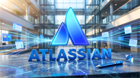 Atlassian logo in modern office with digital workflow icons streaming outward.