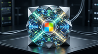 Microsoft logo in faceted glass sphere in data center.