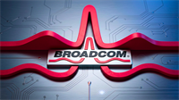 Broadcom logo on stylized circuit board with red waveform.