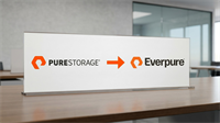 Desk sign showing Pure Storage changing to Everpure, illustrating the company’s shift toward AI data management.