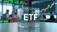 Glass cube labeled ETF on trading desk with stock charts, symbolizing equal-weight ETF strategy