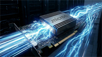 Micron memory chip on server board with electric currents, reflecting surging AI demand and strong Q2 earnings growth