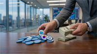 Business executive handling stacks of cash near Salesforce, DocuSign and Qualcomm tokens, reflecting stock buybacks and EPS strategy.