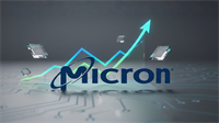 Micron logo over semiconductor chips with rising chart arrow, highlighting AI-driven growth and strong stock performance trends.
