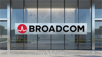 Imaginative depiction ofBroadcom headquarters entrance, symbolizing strong AI revenue growth in semiconductor industry.