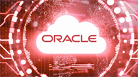 Oracle cloud logo over red digital network background, symbolizing AI-driven tech volatility and stock selloff in cloud computing sector.