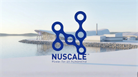 NuScale Power logo displayed over a modern small modular nuclear reactor facility by the water, symbolizing clean energy innovation.