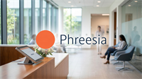 Modern healthcare clinic waiting room with Phreesia check-in kiosk, highlighting digital patient intake technology and services.