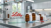 Photorealistic Eli Lilly lab display with branded glass sign and assorted prescription pill bottles on a clean counter.