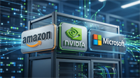 Data center servers displaying Amazon, NVIDIA, and Microsoft logos representing AI infrastructure and cloud computing growth..
