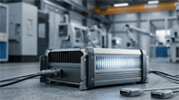 A rugged industrial computing module glowing with blue-white light on a factory floor, representing edge AI and onboard intelligence technology.