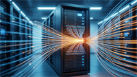 Data center server rack with fiber optic cables, reflecting AI infrastructure demand driving MU, STX, CIEN, and UI stocks.