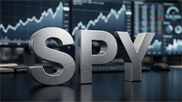 Metallic “SPY” letters in front of rising stock charts, symbolizing bullish outlook for S&P 500 ETF growth driven by earnings and AI.