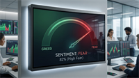 Fear-greed sentiment gauge at 82% fear in a trading office, signaling contrarian buy opportunities in beaten-down stocks.