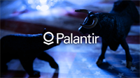 Palantir logo over blurred bull and bear figures symbolizing stock volatility and valuation debate in tech sector.