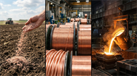 Three-panel image showing fertilizer spread on soil, copper wire spools, and molten metal pouring in a factory, highlighting key mining resources