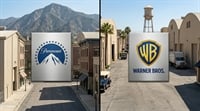 Split image of Paramount and Warner Bros studio entrances, highlighting merger and streaming media consolidation.