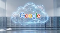 The Google logo centered inside a glowing, wireframe digital cloud, hovering in front of blurred rows of server racks in a modern data center.