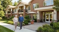 An elderly couple, a woman with a walker and a man with a cane, walk past a brick residential building.