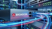 A photorealistic close-up of a Broadcom network switch with glowing blue and red light trails symbolizing data flow.
