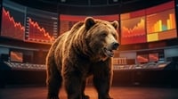 A realistic brown bear with an open mouth, angled slightly, standing in front of glowing digital screens displaying downward-trending stock market charts.