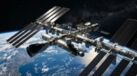 Space station with solar arrays in orbit over Earth against deep space.