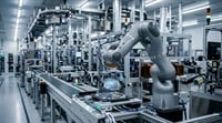 A robotic arm precise-handles a silicon wafer in a sterile semiconductor manufacturing cleanroom.