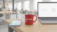 A close-up of a desk with a red Twilio mug, a smartphone, and a laptop displaying API code.