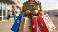 Shopper carries Target, Best Buy, and UGG bags, reflecting a tax refund spending boost for consumer retailers.