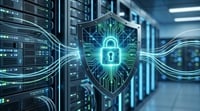 A glowing cybersecurity shield with a padlock icon in a data center.