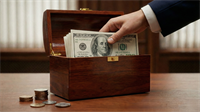 Hand placing stacks of U.S. dollars into a wooden box, symbolizing a company reclaiming cash or shares in a buyback strategy.