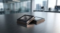 Close-up of two HBM chips on a polished table.