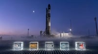 Rocket on launchpad with RKLB, ASTS, LUNR, PL, and RDW logos as space stocks to watch before the SpaceX IPO.