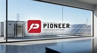 Interior view looking through a large window at an array of modern solar panels and a bank of large battery energy storage units, with the Pioneer Power Solutions' logo displayed.