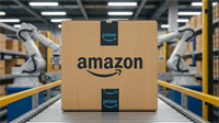 Amazon warehouse box on conveyor with robotic arms, symbolizing logistics strength and AI-driven growth.