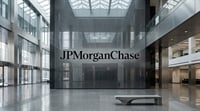 A depiction of a vast, modern corporate lobby with a polished, reflective floor, with a black wall featuring the text "JPMorgan Chase." 