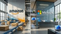 A split-screen graphic contrasting an Amazon fulfillment warehouse with boxes on a conveyor belt on the left, and a modern Microsoft office lobby on the right.