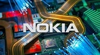 Nokia logo on an intricate circuit board with glowing fiber optics.