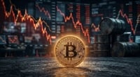 A physical Bitcoin coin glowing in the foreground, set against a background of crashing stock charts and oil barrels.