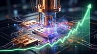 Illustration of a quantum computing processor overlaid with an upward-trending green stock chart.