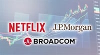 Logos for Netflix, J.P. Morgan, and Broadcom displayed over a stock price chart background.