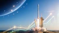 A rocket launches from a coastal pad with satellite imagery and upward-trending stock chart lines overlaid.