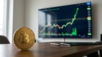 A gold Bitcoin coin sits on a desk in front of a monitor displaying a candlestick price chart.