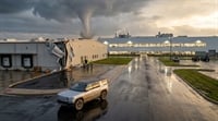 A Rivian electric SUV sits in a wet parking lot outside a storm-damaged manufacturing facility with a tornado visible in the background.