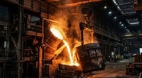 Molten metal being poured from a large ladle inside an industrial steel mill.