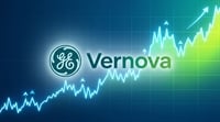 GE Vernova logo displayed alongside an illustrated upward-trending stock price chart on a blue background.